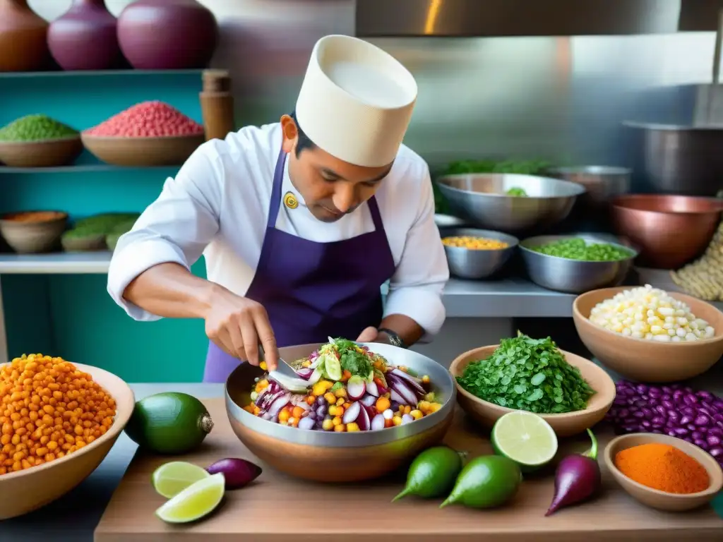 Un chef peruano preparando ceviche de tarwi en un mercado vibrante