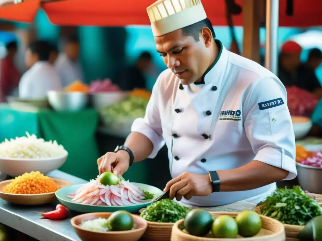 Un chef peruano preparando ceviche en mercado de Lima, con coloridas puesto y espectadores