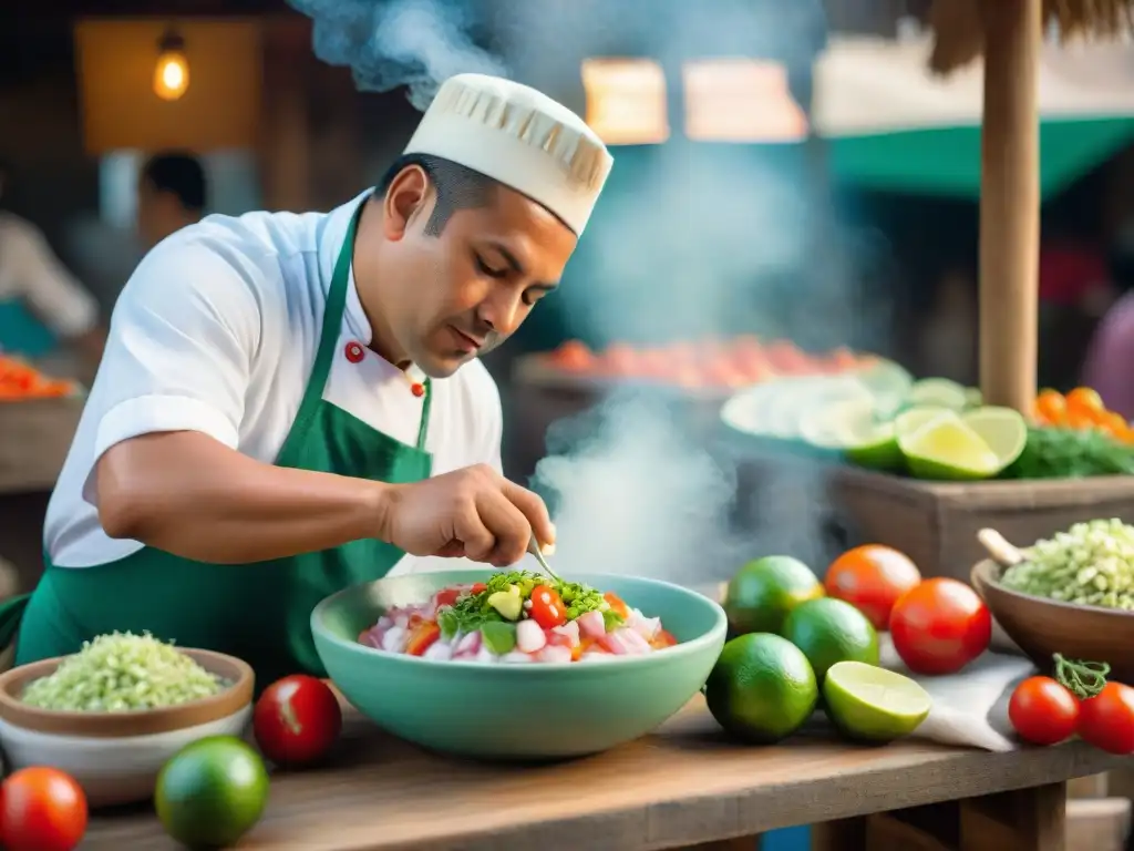 Un chef peruano preparando ceviche en un mercado