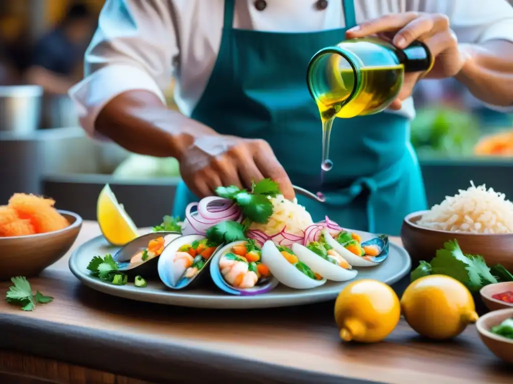 Un chef peruano prepara ceviche en un mercado de Lima, maridando vinos autóctonos