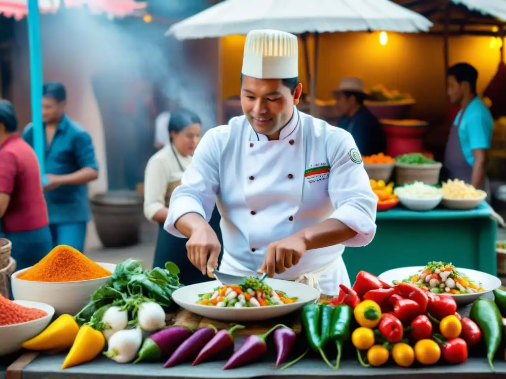 Un chef peruano preparando ceviche en un mercado, rodeado de ingredientes frescos y locales, capturando las técnicas de cocina peruana tradicionales