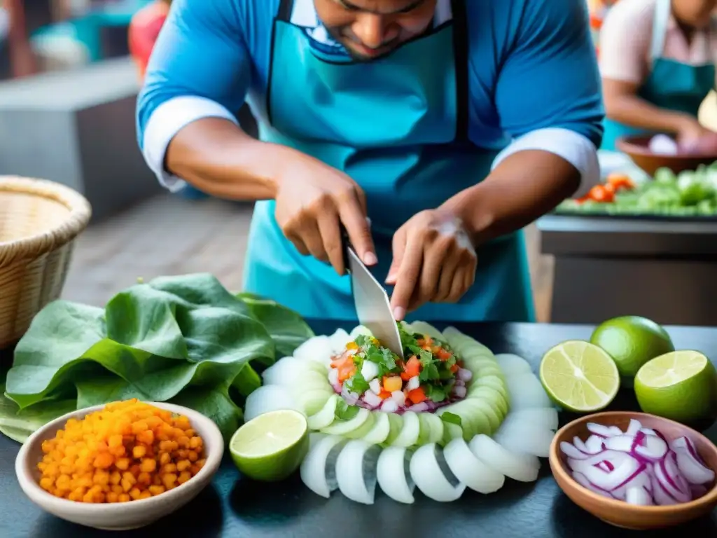 Un chef peruano preparando ceviche en un mercado de Lima