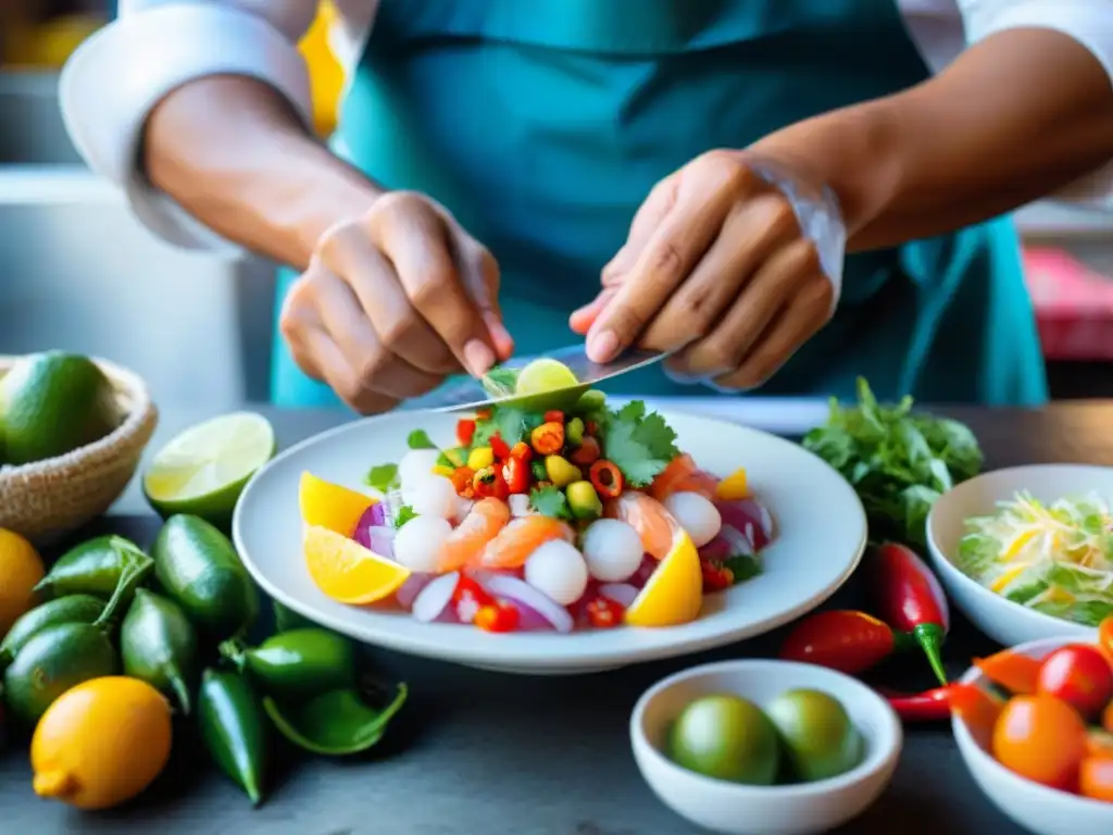 Un chef peruano preparando ceviche en un mercado de Lima, capturando la esencia de la cocina peruana recetas tradicionales