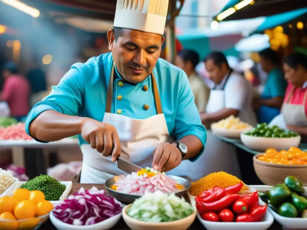 Chef peruano preparando ceviche en Mercado San Pedro Cusco, gastronomía vibrante