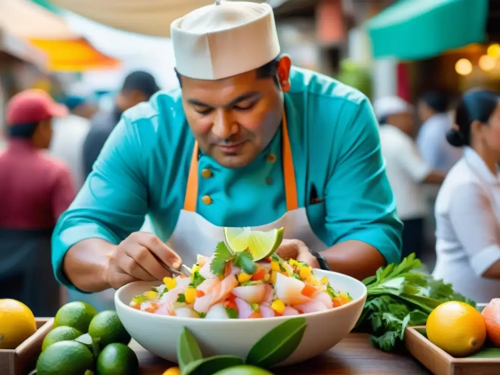 Un chef peruano prepara ceviche en un mercado de Lima