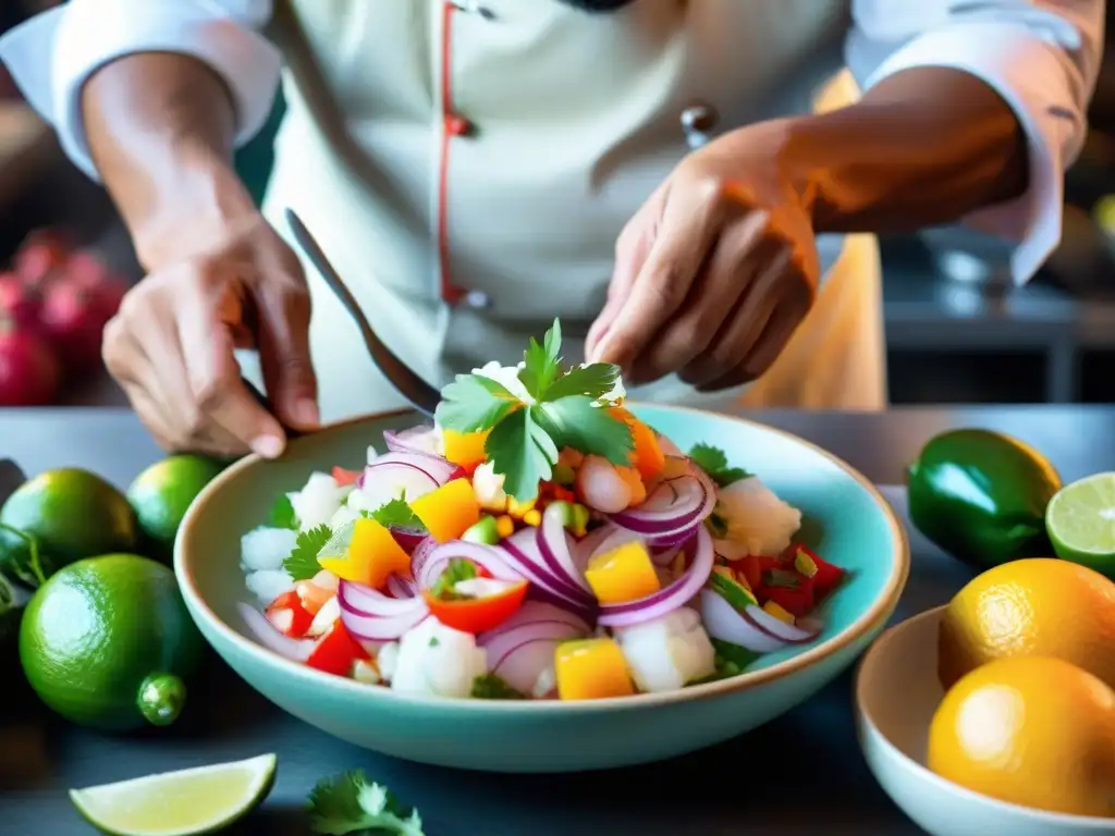 Un chef peruano prepara ceviche en un mercado tradicional, mostrando la autenticidad y pasión detrás de este icónico plato