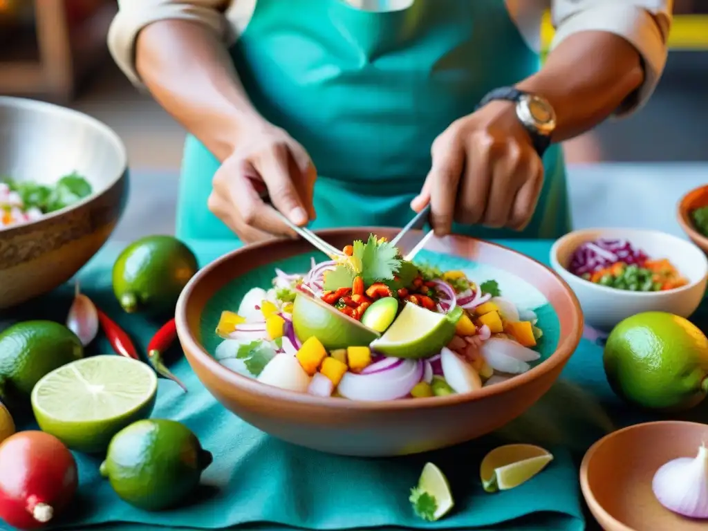 Un chef peruano preparando ceviche en un mercado, destacando la influencia precolombina en la gastronomía peruana