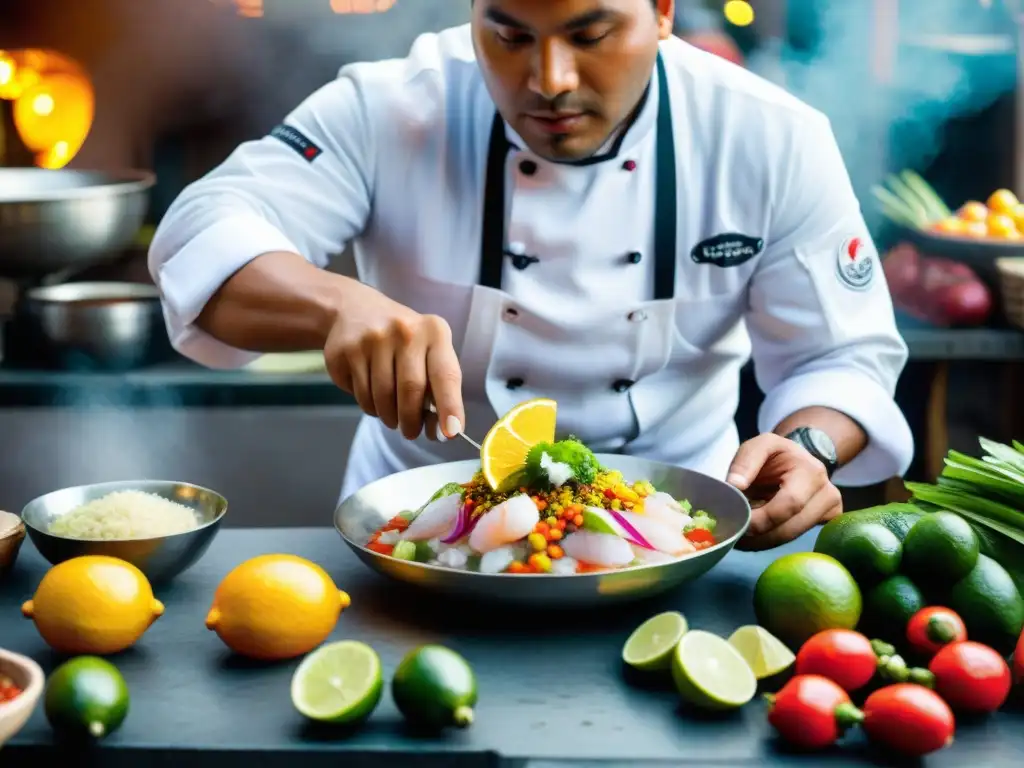 Un chef peruano preparando ceviche en un mercado de Lima, con colores vibrantes y aroma a cítricos, ideal para maridajes con Pisco peruano