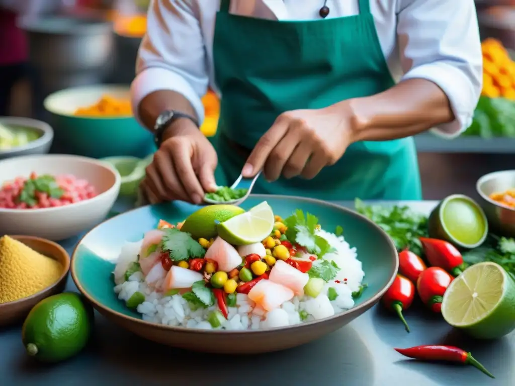 Un chef peruano prepara ceviche con pasión en un mercado colorido, destacando ingredientes frescos y la tradición culinaria