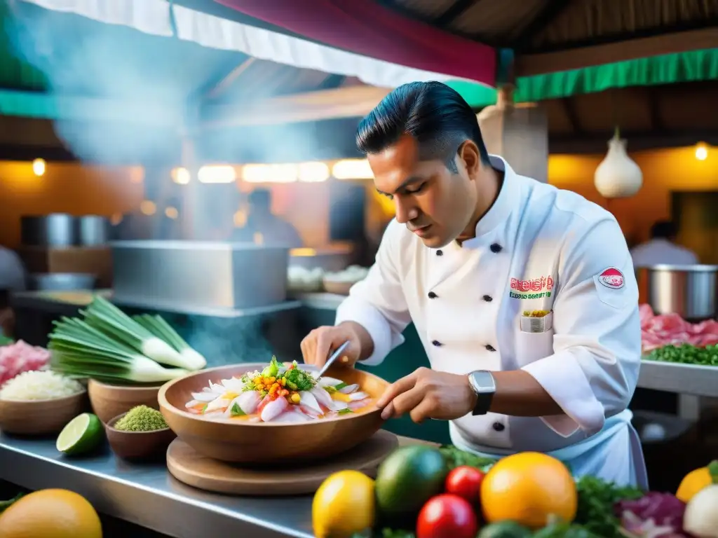 Un chef peruano prepara ceviche en un mercado, mostrando dedicación y pasión por la gastronomía peruana