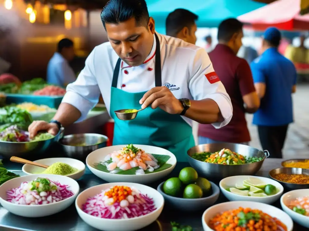 Un chef peruano prepara ceviche en un mercado de Lima, reflejando la historia gastronómica mundial