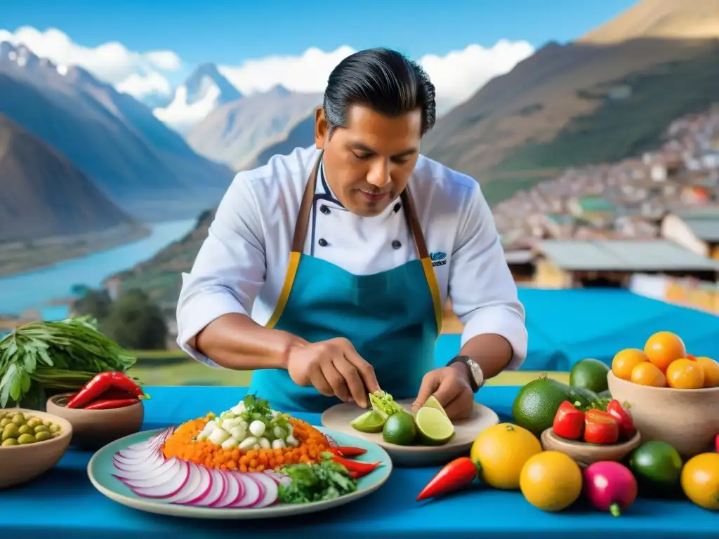 Un chef peruano en Huaraz prepara ceviche con maestría, en un mercado lleno de colores y sabores