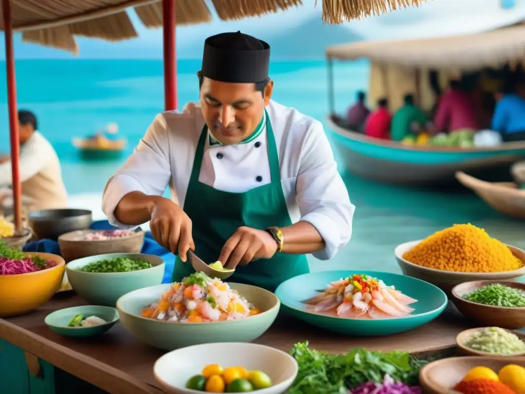 Un chef peruano prepara ceviche en mercado costero