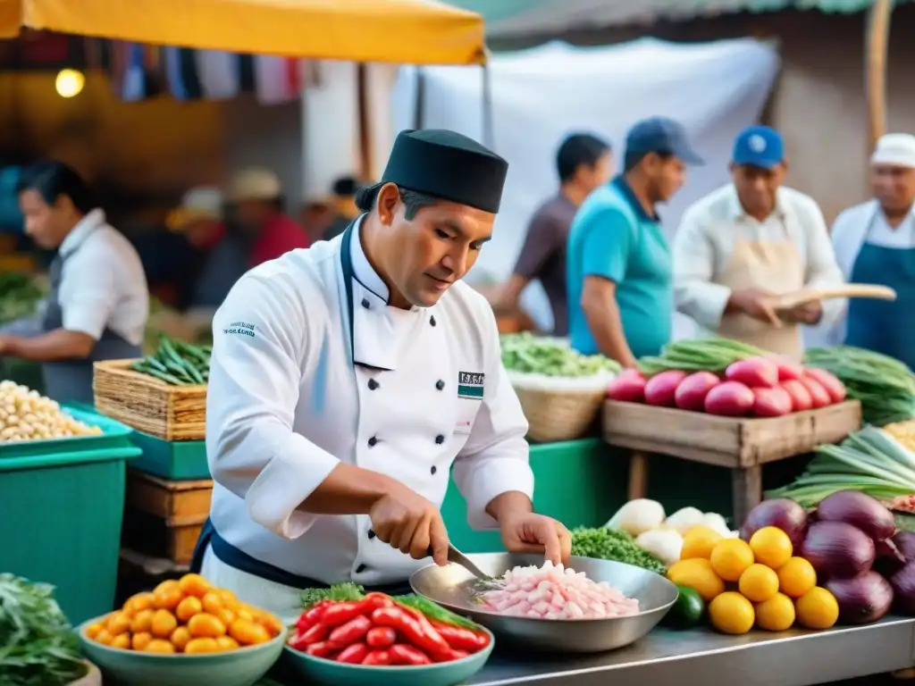 Un chef peruano prepara ceviche en un mercado de Lima