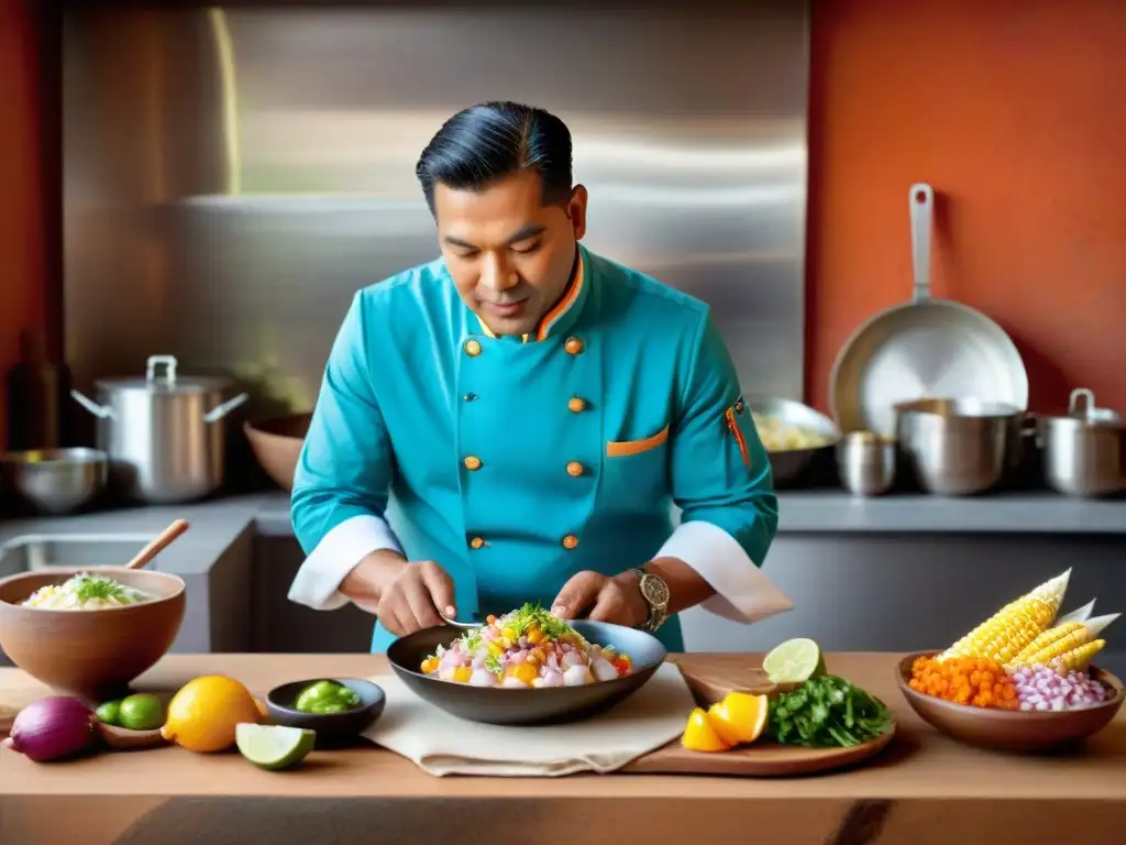 Un chef peruano preparando ceviche con maestría, destacando la gastronomía peruana y sus platos tradicionales