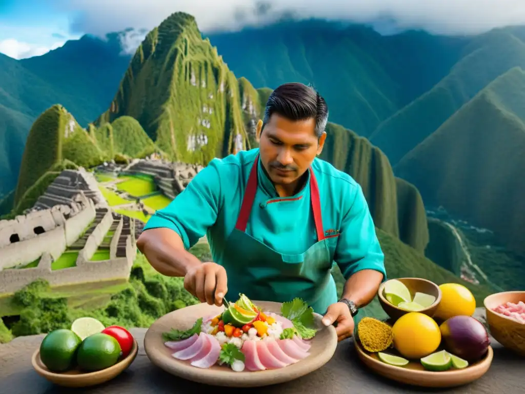 Un chef peruano preparando ceviche en Machu Picchu, fusionando gastronomía peruana en un entorno histórico