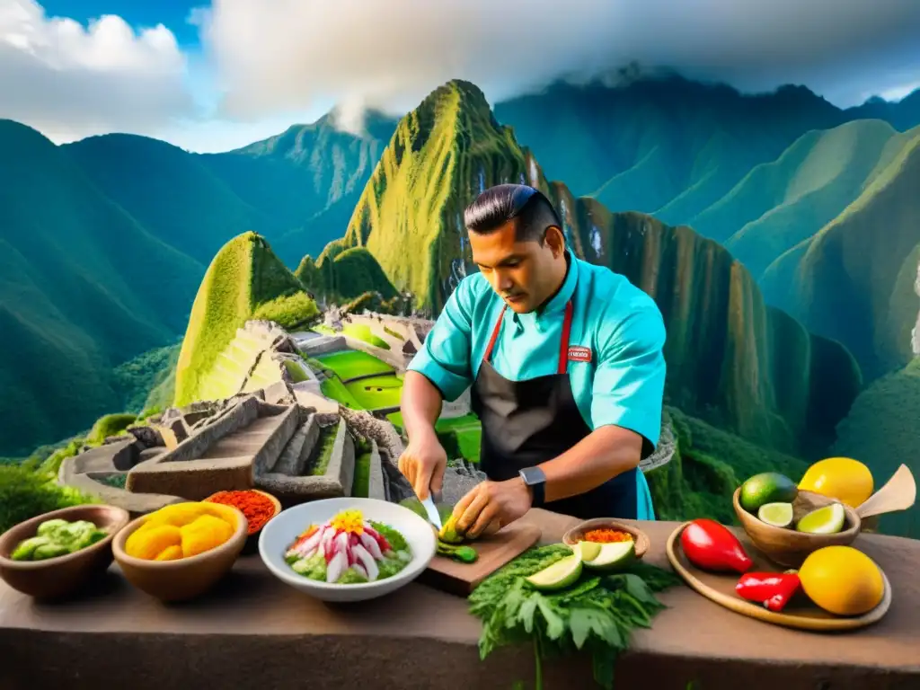 Un chef peruano preparando ceviche en Machu Picchu, gastronomía peruana en su esplendor