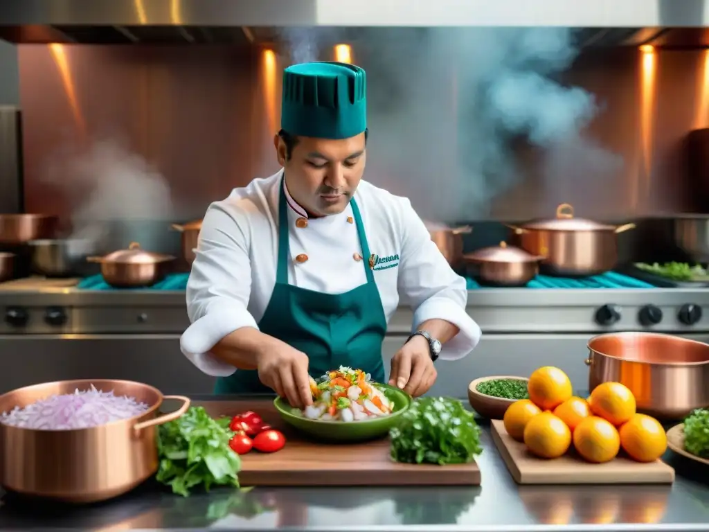 Un chef peruano preparando ceviche, fusionando gastronomía peruana con técnicas internacionales