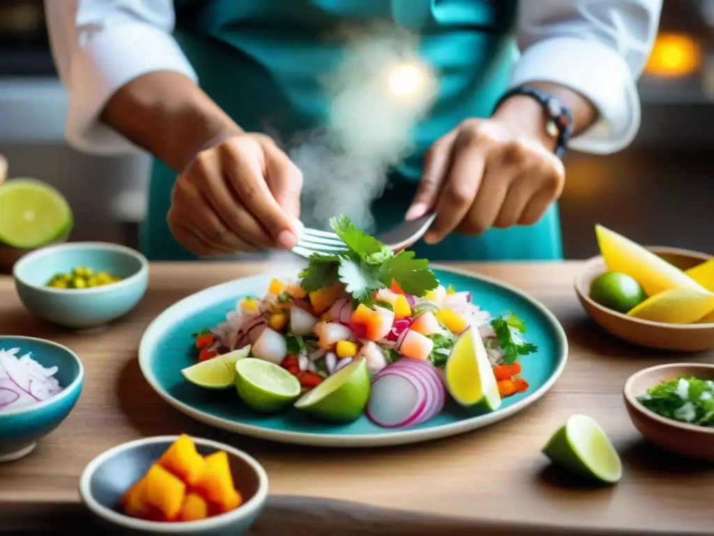 Chef peruano preparando ceviche con pescado bonito en mercado vibrante, resaltando la importancia del pescado bonito