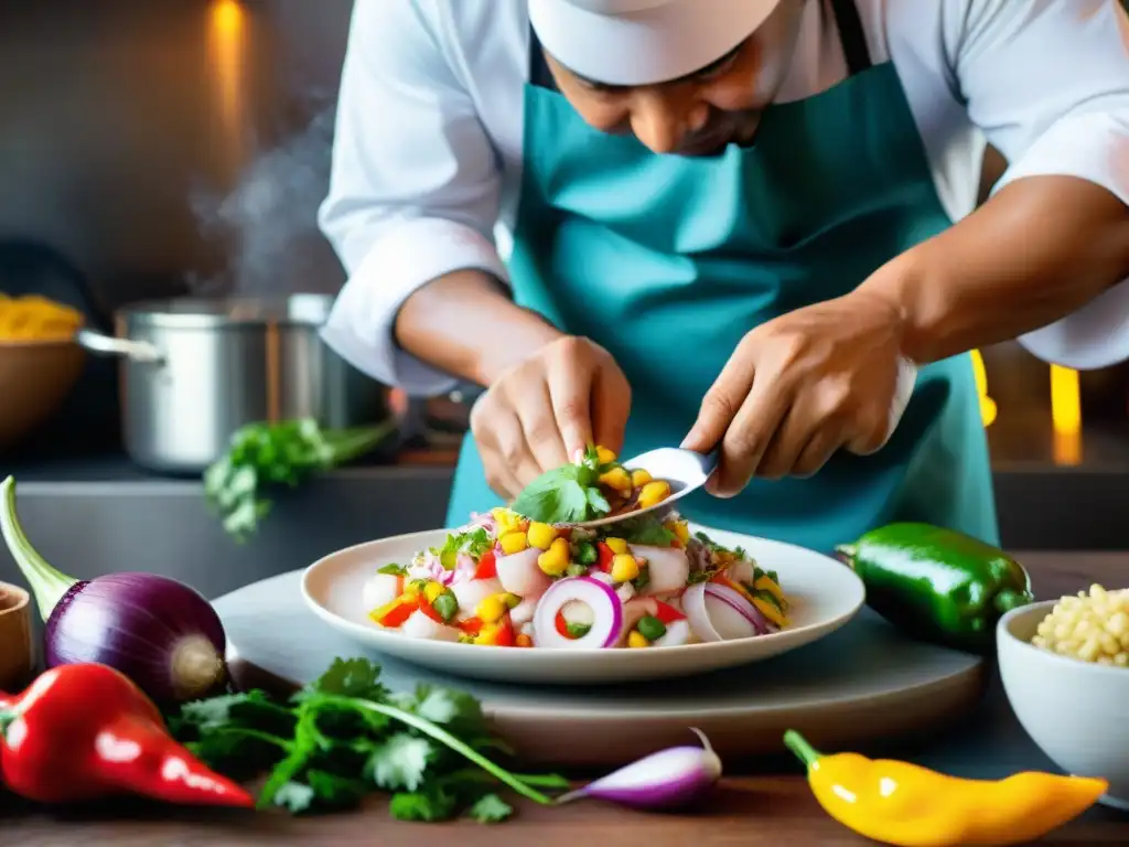 Un chef peruano preparando ceviche picante con destreza en una cocina auténtica