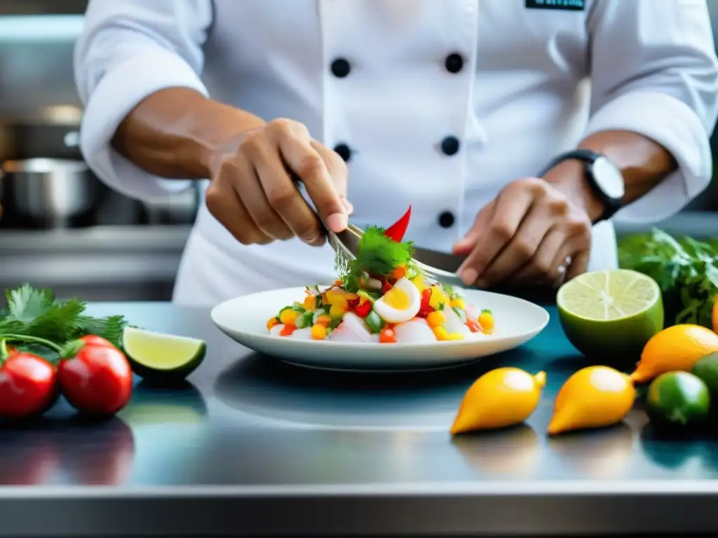 Un chef peruano preparando ceviche con Pisco peruano en gastronomía mundial