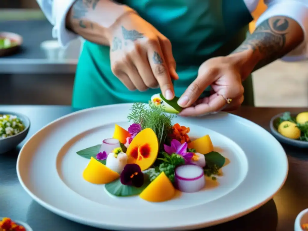 Un chef peruano presenta impecablemente un ceviche en plato blanco rodeado de hierbas y flores comestibles