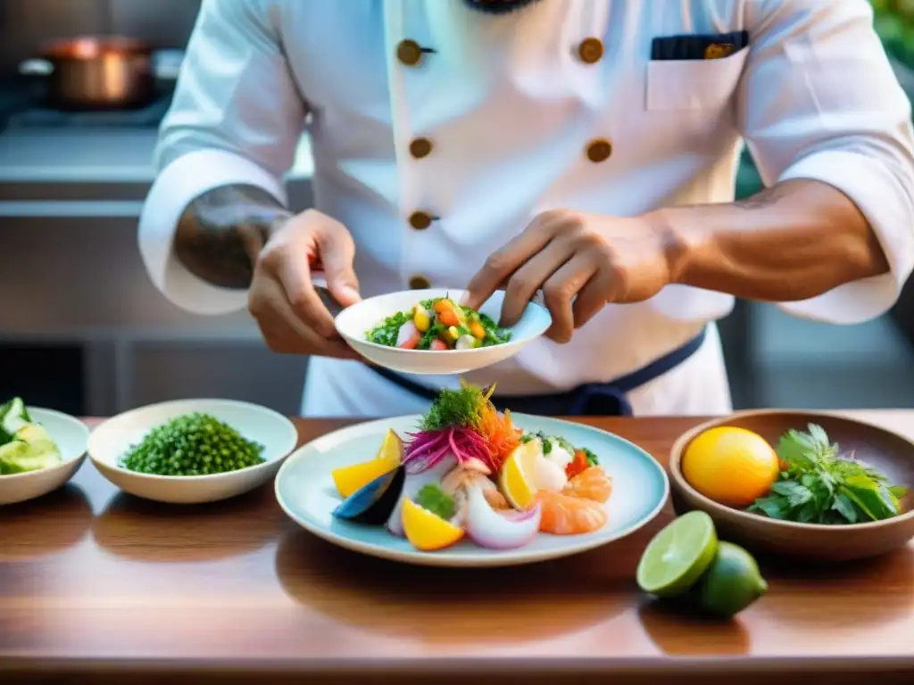 Chef peruano preparando ceviche, platos tradicionales gastronomía peruana gourmet