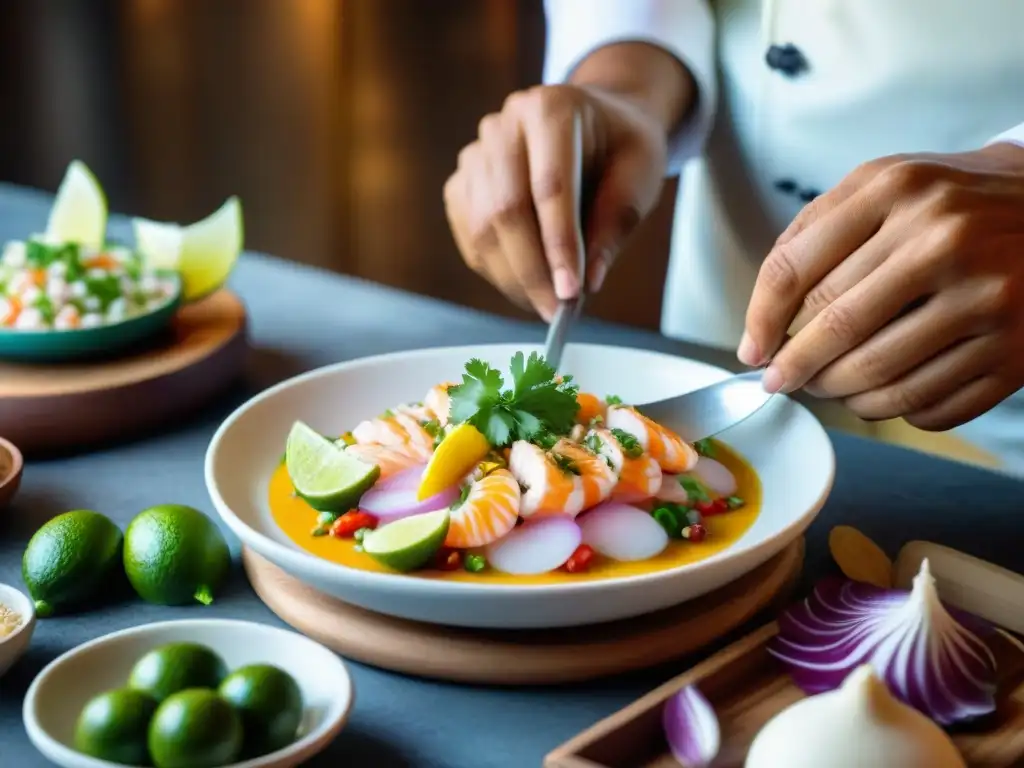 Un chef peruano preparando ceviche con Receta Leche de Tigre peruana en cocina tradicional