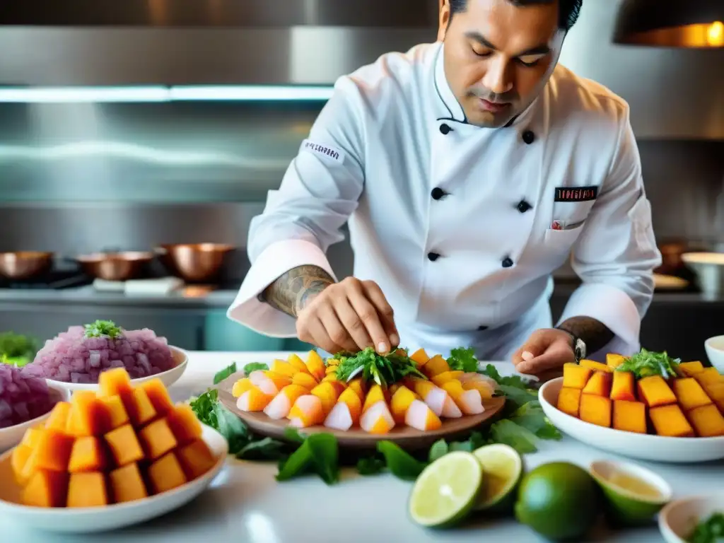 Un chef peruano preparando ceviche en un restaurante exclusivo de Lima