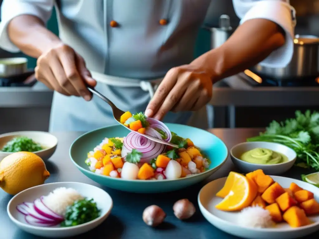 Chef peruano preparando ceviche en restaurante de Lima, cocina peruana vibrante y llena de energía