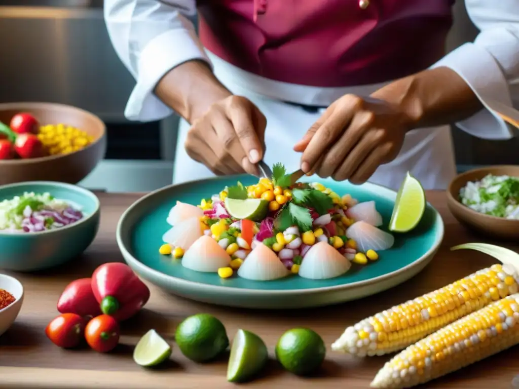 Un chef peruano preparando ceviche rodeado de ingredientes frescos, en una cocina dinámica