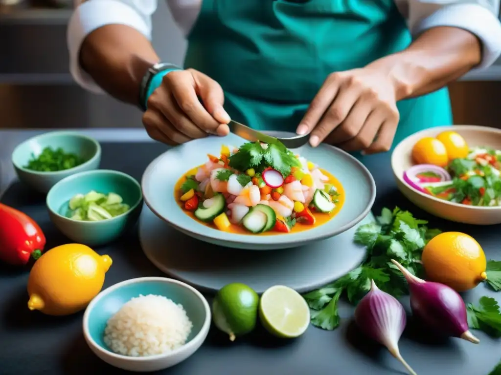 Un chef peruano prepara ceviche rodeado de ingredientes frescos, fusionando sabores ancestrales y modernidad en la gastronomía peruana