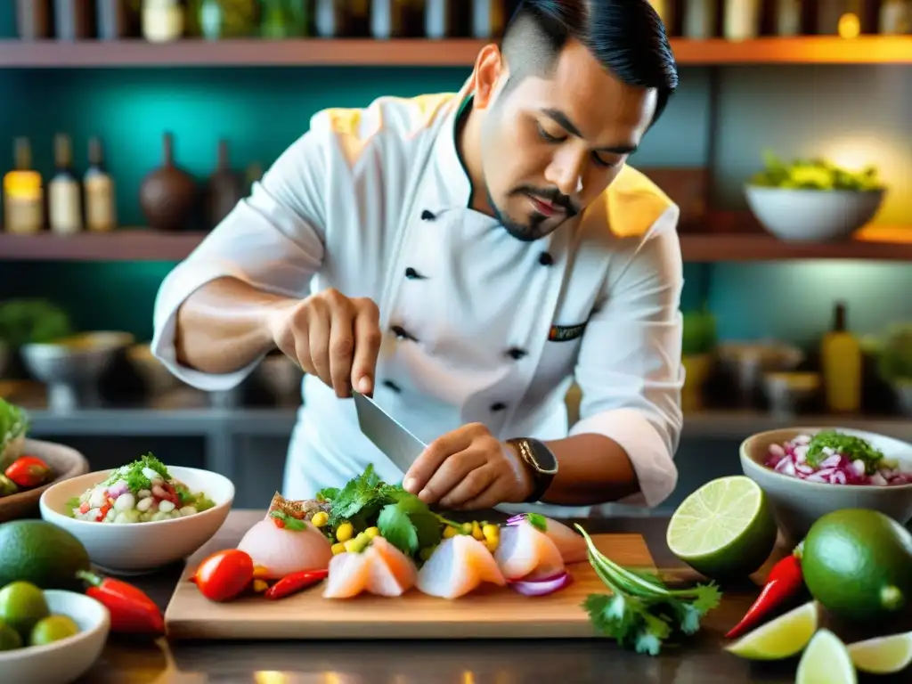 Un chef peruano prepara ceviche rodeado de ingredientes vibrantes, piscos y vinos