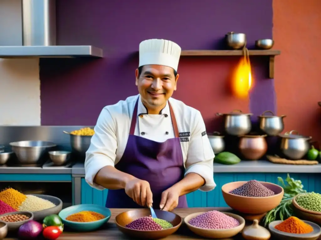 Un chef peruano elaborando ceviche rodeado de ingredientes locales, textiles y cerámica tradicional