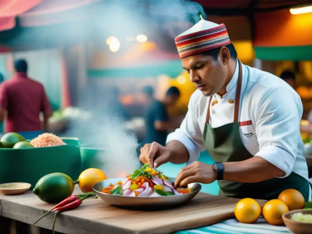 Un chef peruano prepara ceviche rodeado de ingredientes locales en un mercado andino