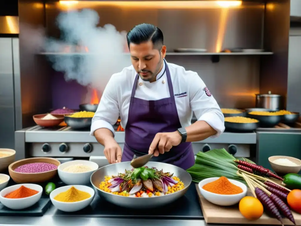 Un chef peruano prepara ceviche rodeado de ingredientes autóctonos en una cocina bulliciosa