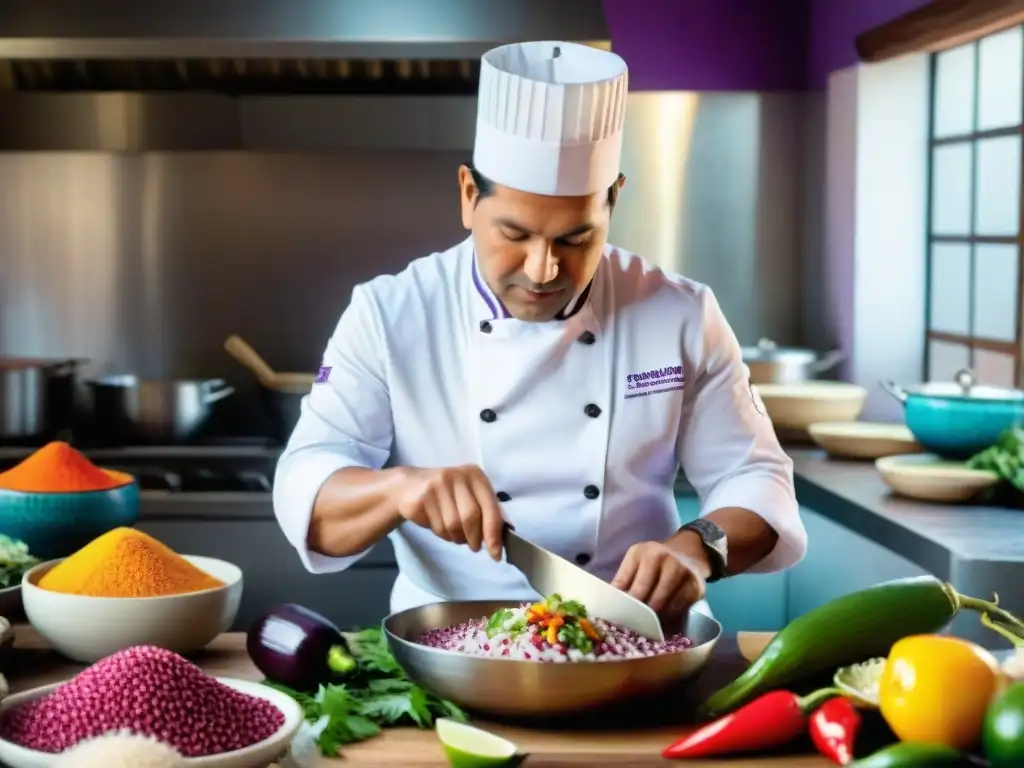 Un chef peruano prepara ceviche rodeado de ingredientes vibrantes y textiles coloridos, fusionando tradición e innovación