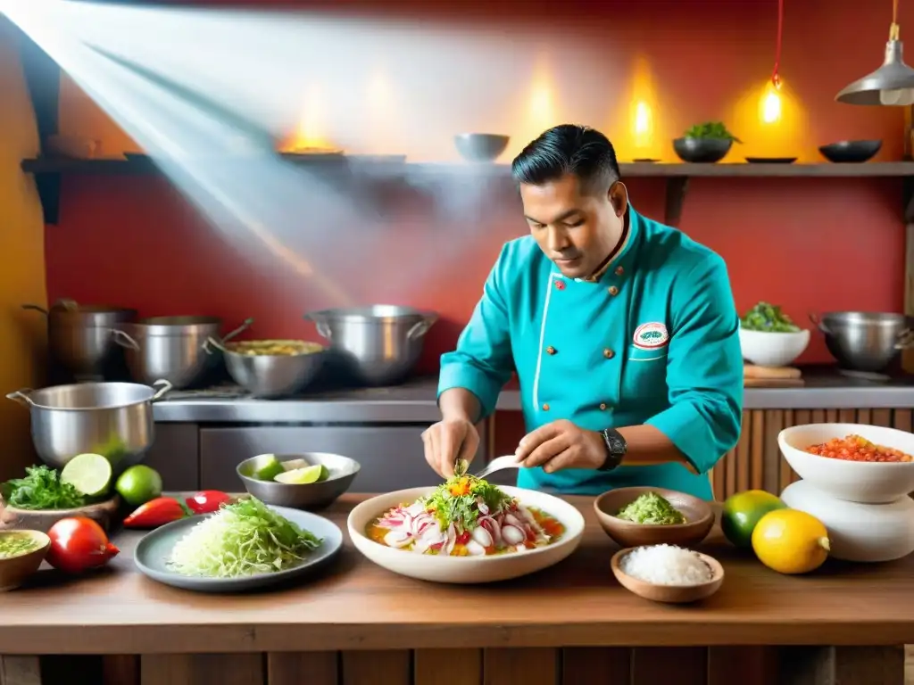 Un chef peruano prepara ceviche rodeado de ingredientes frescos