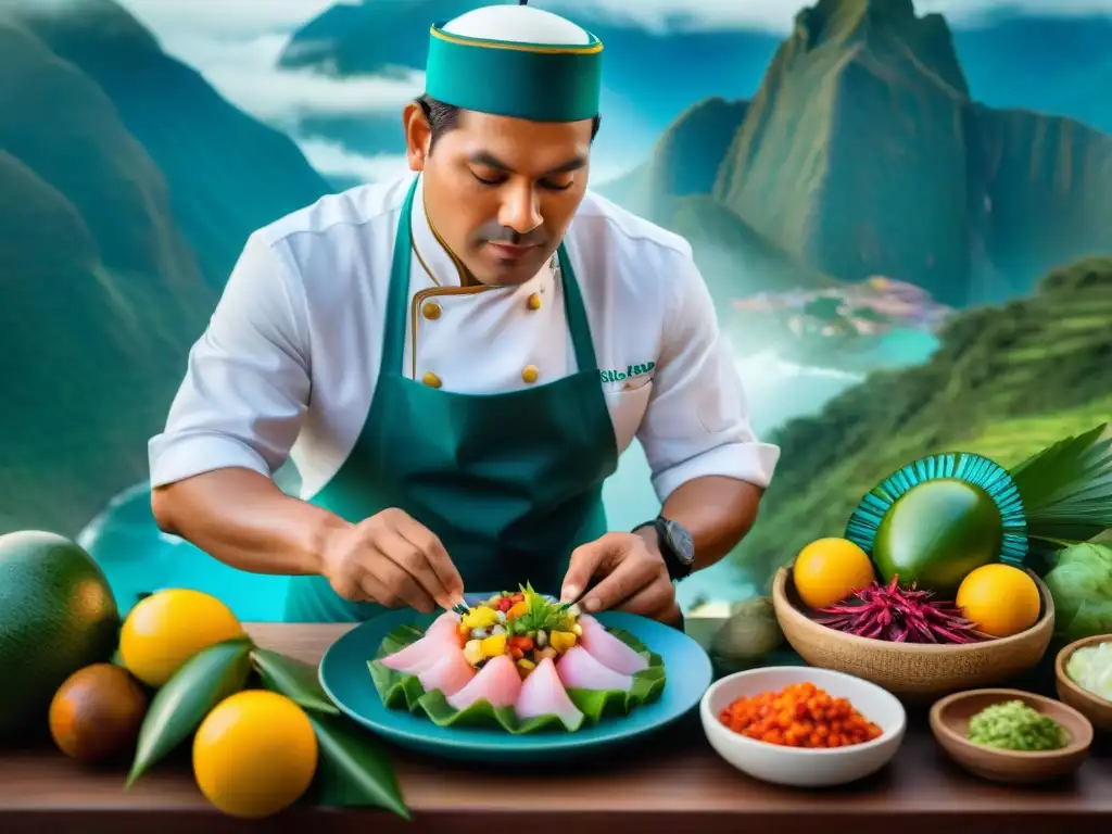 Un chef peruano preparando ceviche rodeado de frutas tropicales y especias andinas en una cena temática de gastronomía peruana