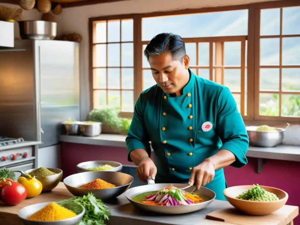 Un chef peruano en Huaraz preparando ceviche, rodeado de ingredientes coloridos