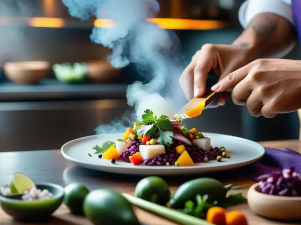 Un chef peruano prepara con maestría un ceviche de tarwi, rodeado de ingredientes andinos