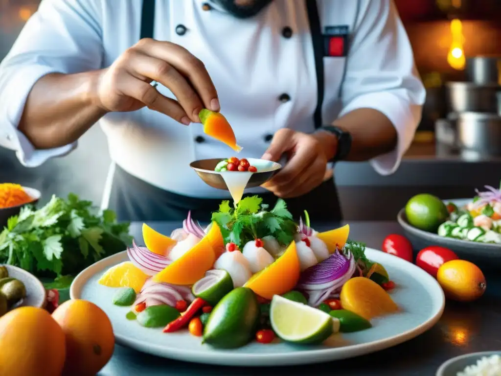 Un chef peruano preparando ceviche rodeado de ingredientes vibrantes en un mercado local