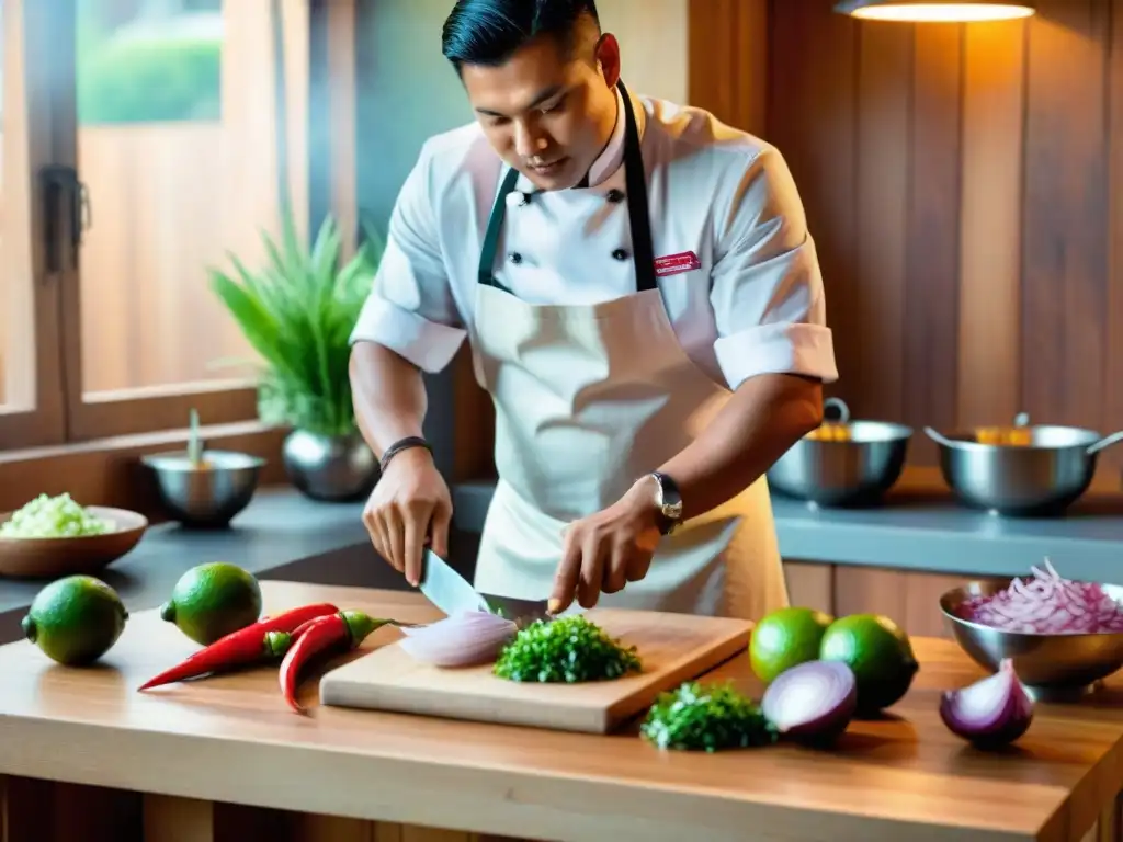 Chef peruano preparando ceviche: arte culinario en acción Un chef peruano preparando ceviche con precisión, rodeado de ingredientes frescos