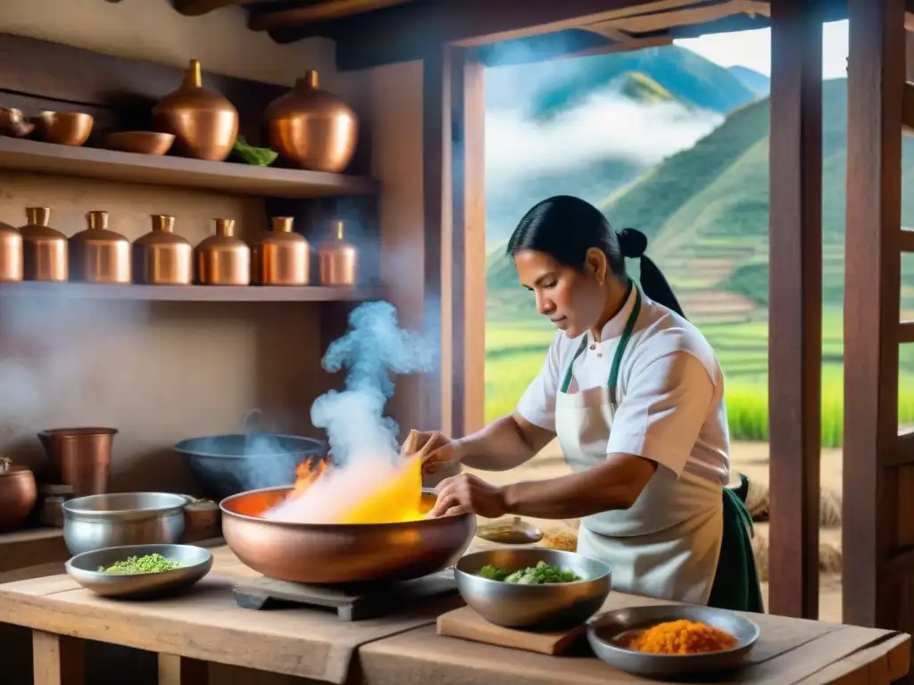 Un chef peruano prepara ceviche rodeado de destilados andinos para gastronomía peruana