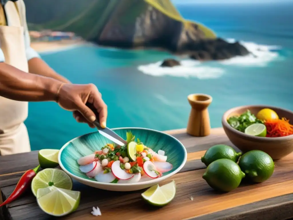 Un chef peruano preparando ceviche con sabor auténtico en la costa, rodeado de ingredientes frescos y paisajes pintorescos