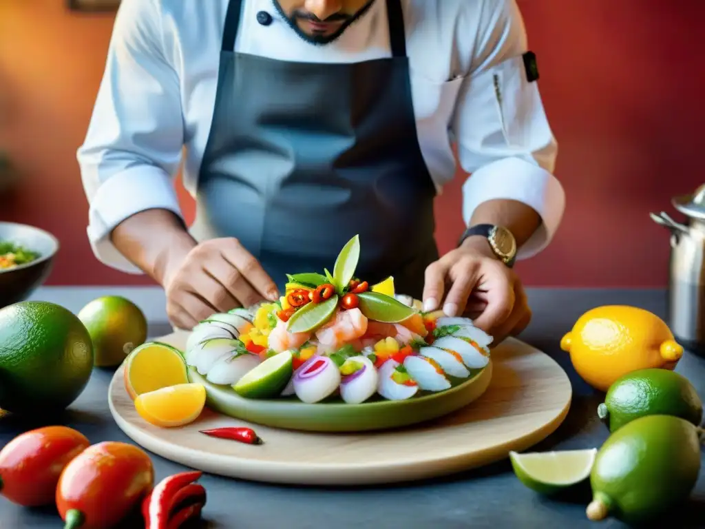 Un chef peruano preparando ceviche, fusionando sabores con destreza