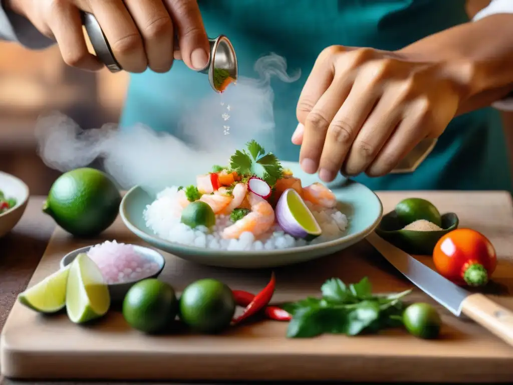 Un chef peruano sazona un ceviche con Sal de Maras en una cocina rústica