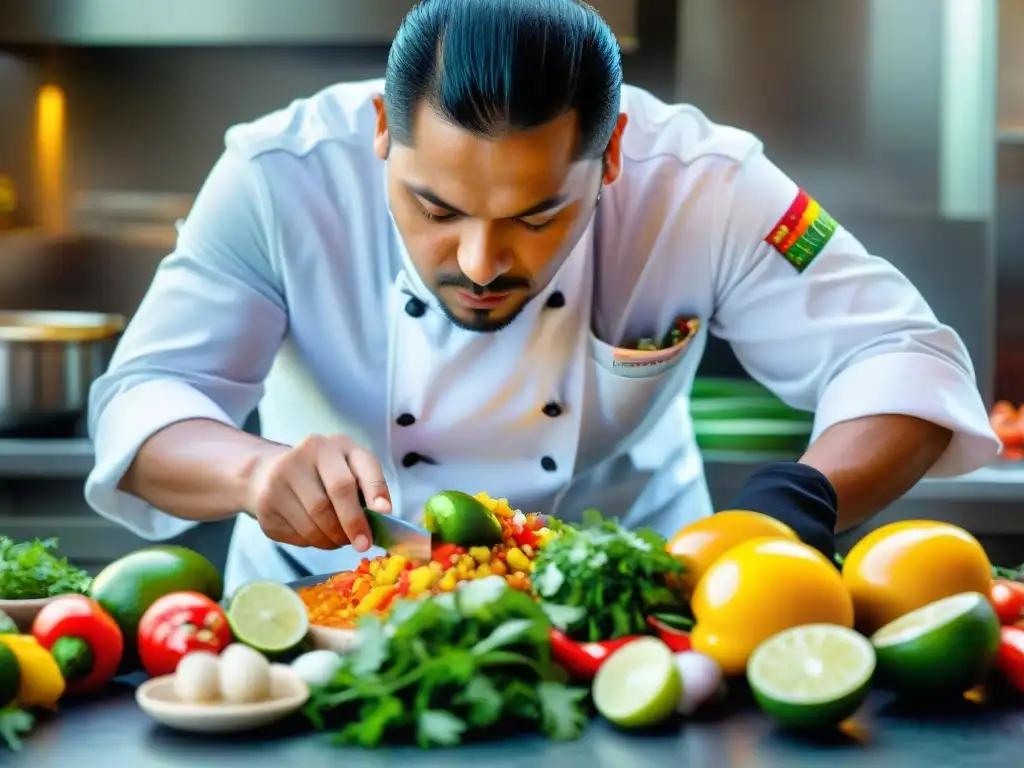 Un chef peruano preparando ceviche con Secretos cocina fusión peruana