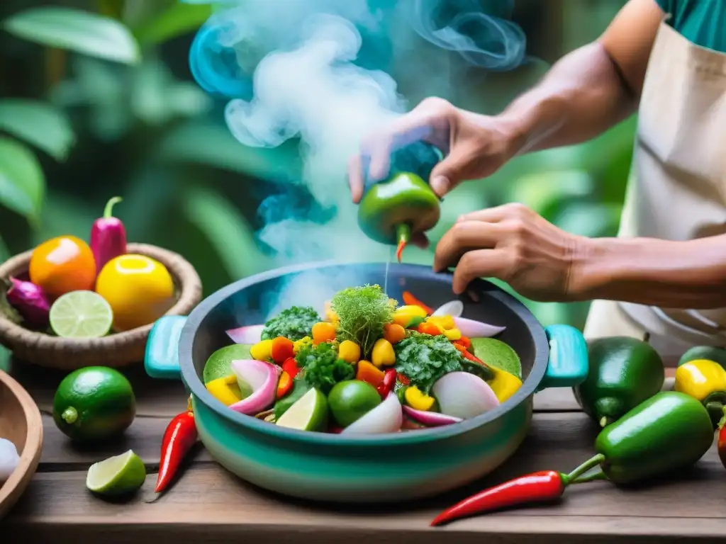 Chef peruano preparando ceviche en la selva amazónica con ingredientes frescos