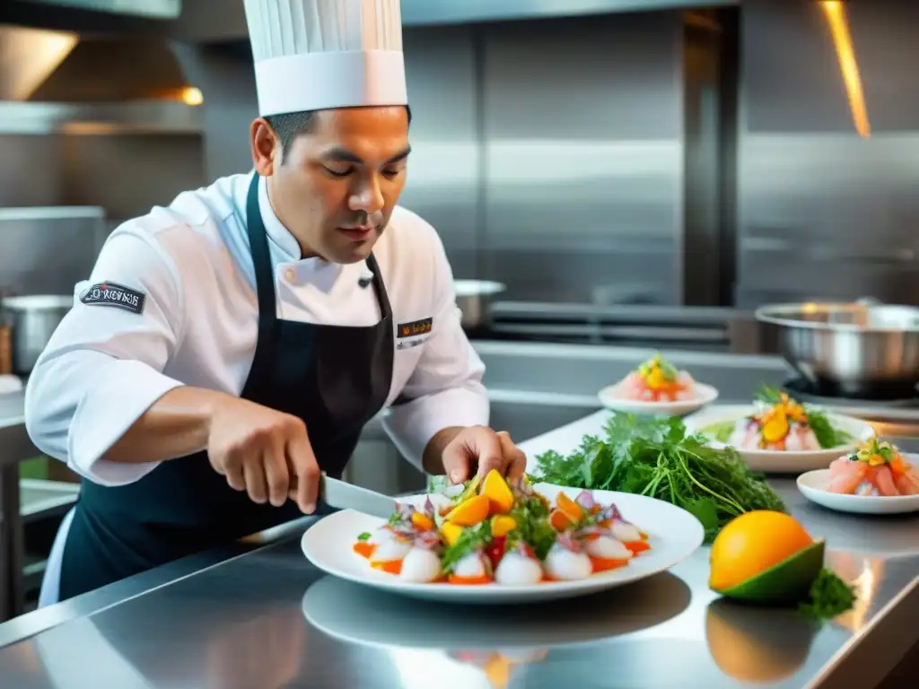 Un chef peruano elaborando un ceviche sofisticado en una cocina moderna